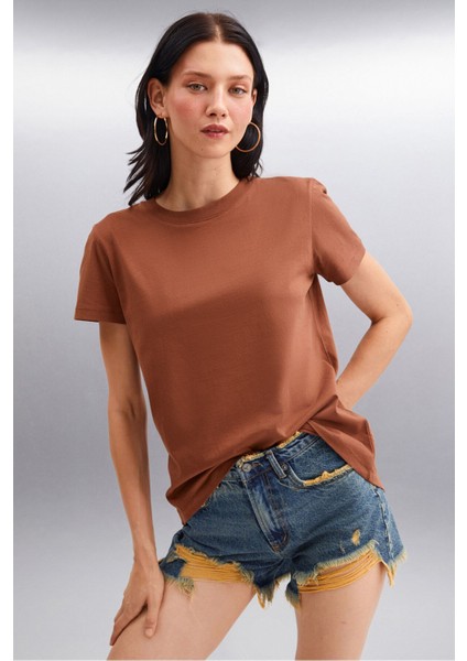 Samantha Kadın Comfort Fit %100 Organik Pamuklu Basic Örme Kahverengi T-shirt modelleri