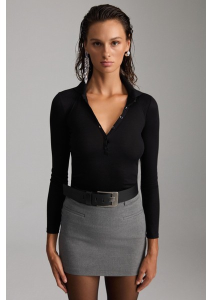 Sayda Kadın Viskon Karışımlı Polo Yaka Slim Fit Siyah Bluz