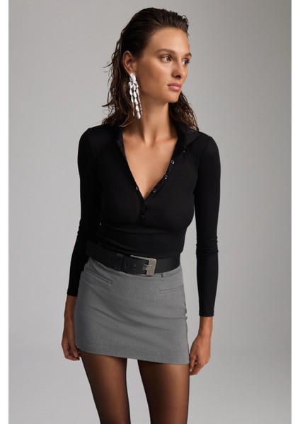 Sayda Kadın Viskon Karışımlı Polo Yaka Slim Fit Siyah Bluz fırsatları