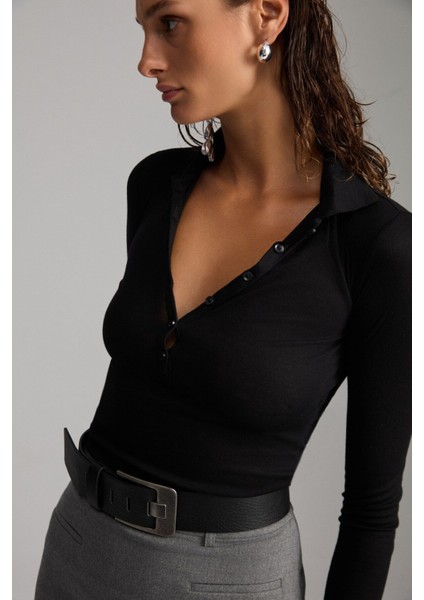 Sayda Kadın Viskon Karışımlı Polo Yaka Slim Fit Siyah Bluz indirimleri