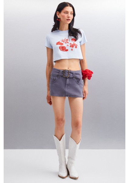 Serene Kadın Kısa Kollu Baskılı Crop Mavi T-Shirt fiyatları