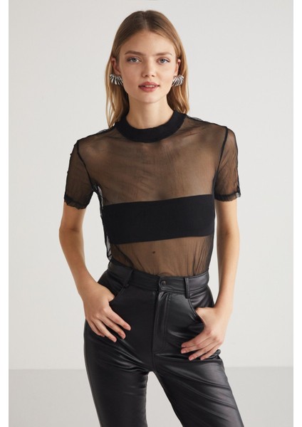 Yoko Kadın Bisiklet Yaka Crush Efektli Tül Siyah T-shirt