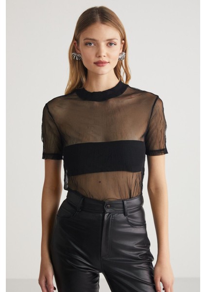 Yoko Kadın Bisiklet Yaka Crush Efektli Tül Siyah T-shirt modelleri