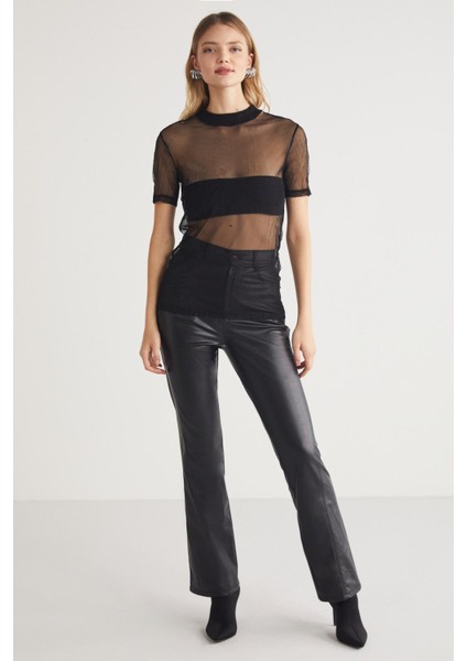 Yoko Kadın Bisiklet Yaka Crush Efektli Tül Siyah T-shirt indirimleri