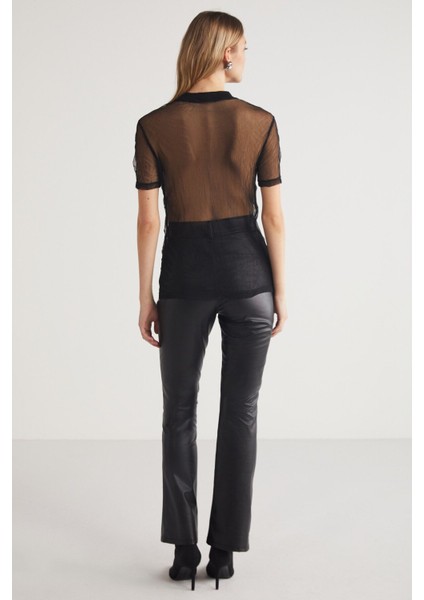 Yoko Kadın Bisiklet Yaka Crush Efektli Tül Siyah T-shirt