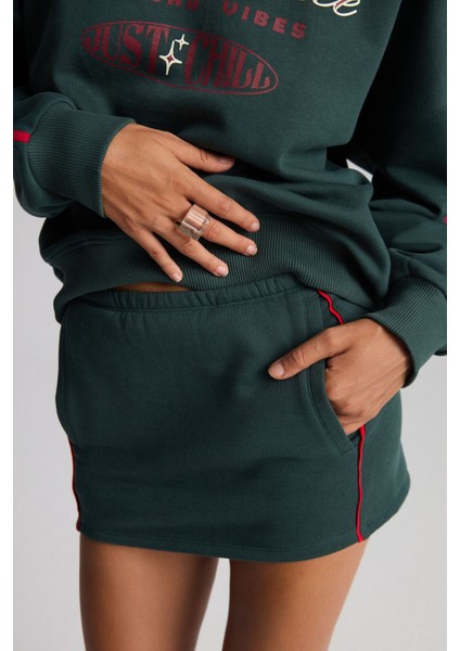 YULIANA Kadın Basic Slim Fit Normal Bel 3 İplik Organik Pamuk Örme Yeşil Etek