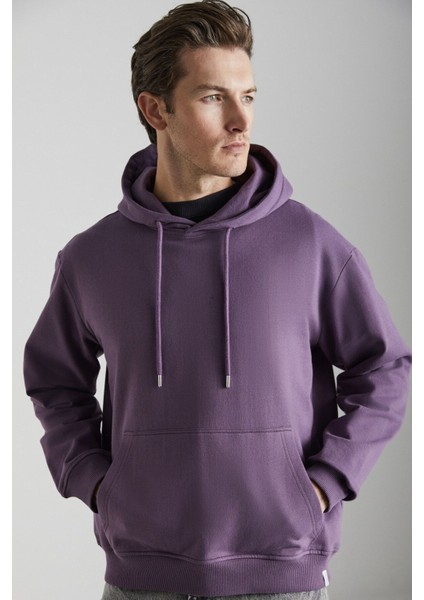 Yokohama Erkek Içi Polarlı Yumuşacık Regular Kanguru Cepli Kapüşonlu Mor Sweatshirt