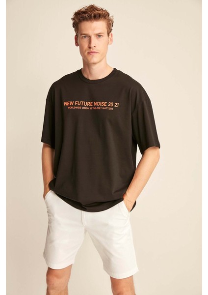 Wesley Erkek Oversize Fit %100 Pamuk Kalın Dokulu Baskılı Siyah T-shirt