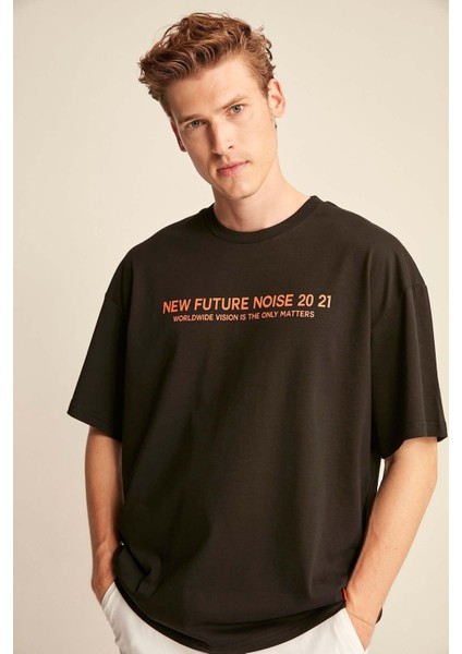 Wesley Erkek Oversize Fit %100 Pamuk Kalın Dokulu Baskılı Siyah T-shirt modelleri