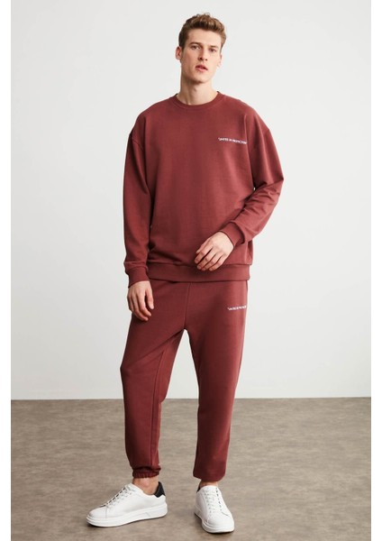 Raırok Erkek İçi Polarlı Comfort Oversize Nakışlı Bordo Sweat modelleri