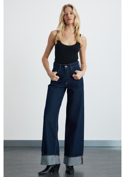 Reıne Kadın Regular Fit Yüksek Bel Katlamalı Paça Detaylı Premium Mavi Jeans
