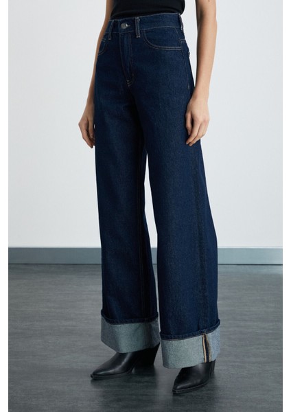 Reıne Kadın Regular Fit Yüksek Bel Katlamalı Paça Detaylı Premium Mavi Jeans