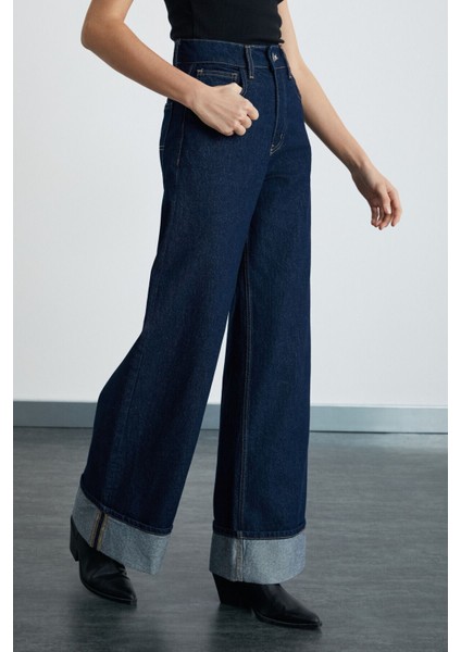 Reıne Kadın Regular Fit Yüksek Bel Katlamalı Paça Detaylı Premium Mavi Jeans