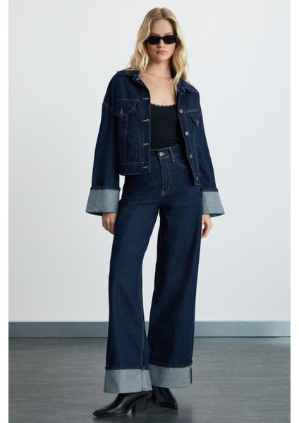 Reıne Kadın Regular Fit Yüksek Bel Katlamalı Paça Detaylı Premium Mavi Jeans