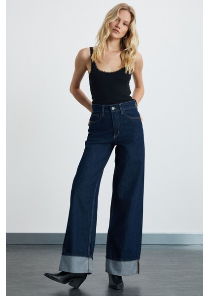 Reıne Kadın Regular Fit Yüksek Bel Katlamalı Paça Detaylı Premium Mavi Jeans