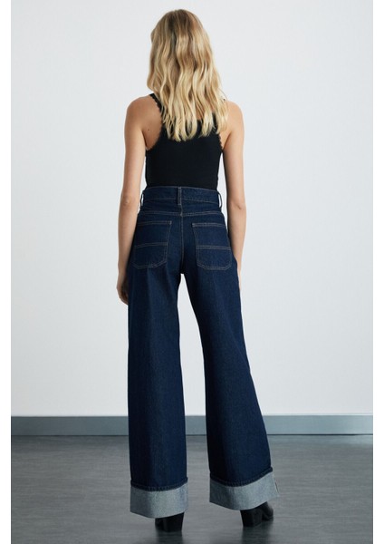 Reıne Kadın Regular Fit Yüksek Bel Katlamalı Paça Detaylı Premium Mavi Jeans