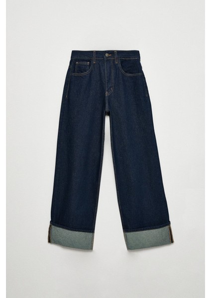 Reıne Kadın Regular Fit Yüksek Bel Katlamalı Paça Detaylı Premium Mavi Jeans