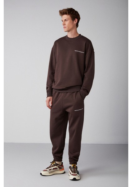 Raırok Erkek Içi Polarlı Comfort Oversize Nakışlı Kahverengi Sweatshirt fiyatları