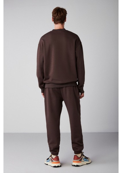 Raırok Erkek Içi Polarlı Comfort Oversize Nakışlı Kahverengi Sweatshirt modelleri