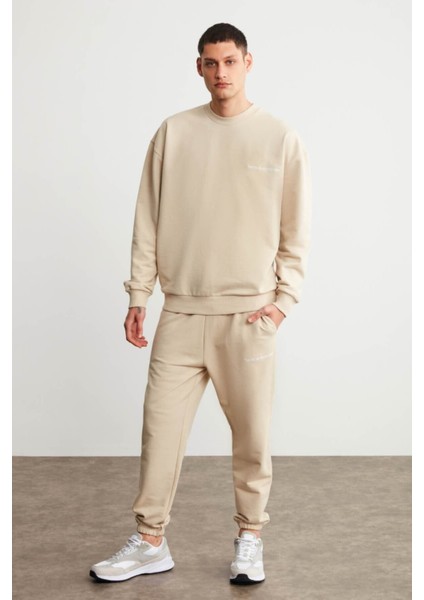 Raırok Erkek İçi Polarlı Comfort Oversize Nakışlı Bej Sweat modelleri