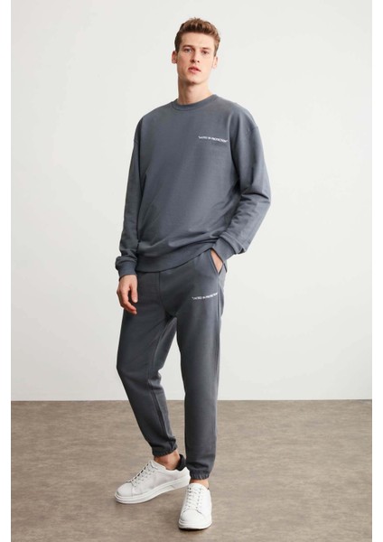 Raırok Erkek Içi Polarlı Comfort Oversize Nakışlı Koyu Gri Sweatshirt modelleri