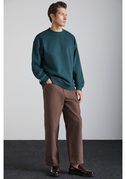 Tokyo Erkek Içi Polarlı Yumuşacık Arka Etiket Detaylı Bisiklet Yaka Oversize Koyu Yeşil Sweatshirt fiyatları