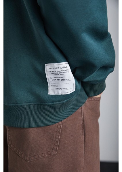 Tokyo Erkek Içi Polarlı Yumuşacık Arka Etiket Detaylı Bisiklet Yaka Oversize Koyu Yeşil Sweatshirt indirimleri