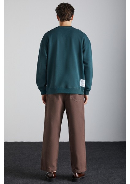 Tokyo Erkek Içi Polarlı Yumuşacık Arka Etiket Detaylı Bisiklet Yaka Oversize Koyu Yeşil Sweatshirt