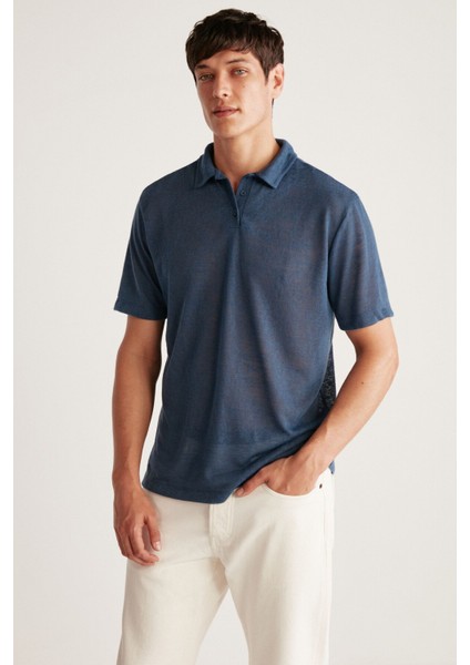 Toby Erkek Polo Keten Görünümlü Tiril Tiril Kumaşlı Lacivert Polo Yaka T-Shirt