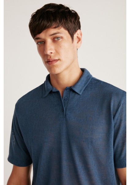 Toby Erkek Polo Keten Görünümlü Tiril Tiril Kumaşlı Lacivert Polo Yaka T-Shirt