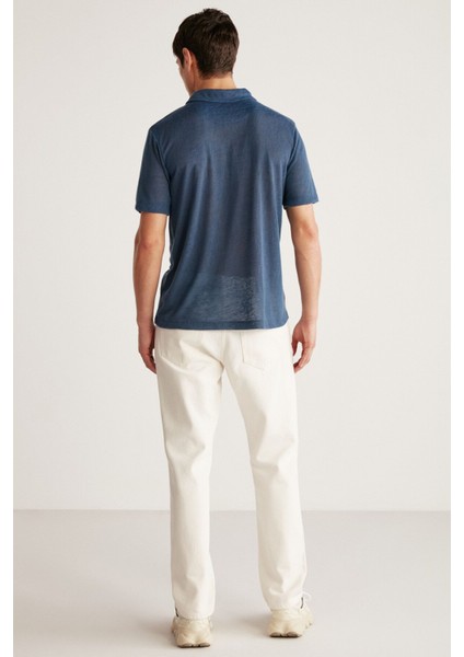 Toby Erkek Polo Keten Görünümlü Tiril Tiril Kumaşlı Lacivert Polo Yaka T-Shirt