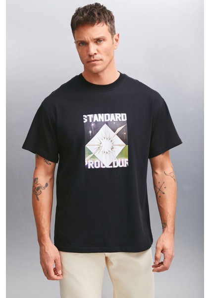 TRENTON Erkek %100 Pamuk Bisiklet Yaka Baskılı Siyah T-Shirt modelleri