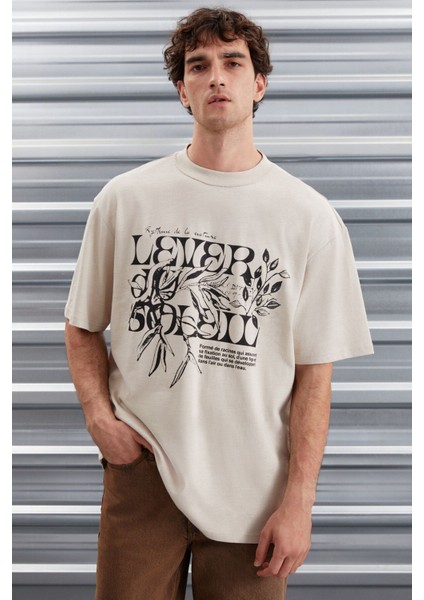 Trae Erkek Regular Fit %100 Pamuk Baskılı Ters Dikim Bej T-shirt modelleri
