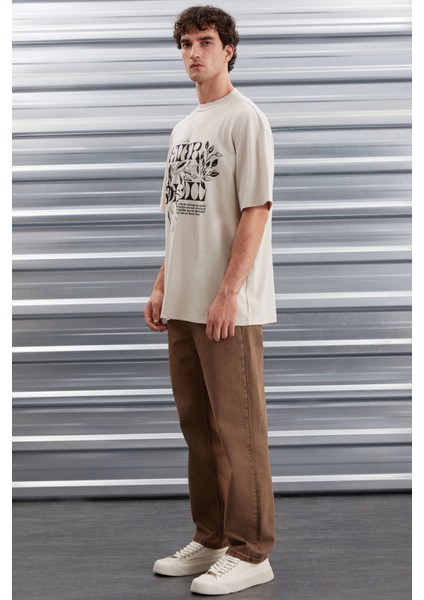 Trae Erkek Regular Fit %100 Pamuk Baskılı Ters Dikim Bej T-shirt indirimleri