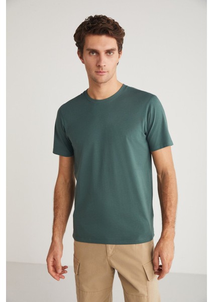 MICHEL Erkek Slim Fit Dar Kesim %100 Organik Pamuklu Basic Örme Yeşil T-Shirt