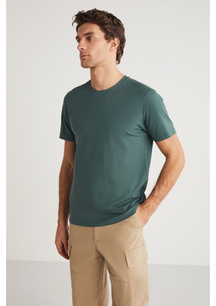 MICHEL Erkek Slim Fit Dar Kesim %100 Organik Pamuklu Basic Örme Yeşil T-Shirt