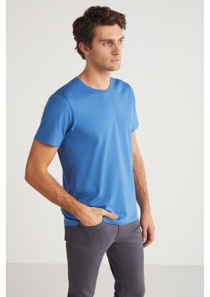 MICHEL Erkek Slim Fit Dar Kesim %100 Organik Pamuklu Basic Örme Mavi T-Shirt