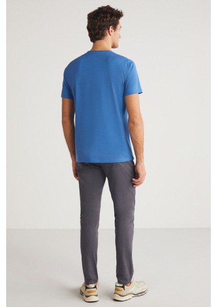 MICHEL Erkek Slim Fit Dar Kesim %100 Organik Pamuklu Basic Örme Mavi T-Shirt