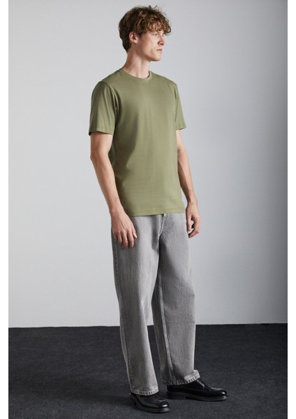 MICHEL Erkek Slim Fit Dar Kesim Organik Pamuklu Basic Örme Haki T-Shirt
