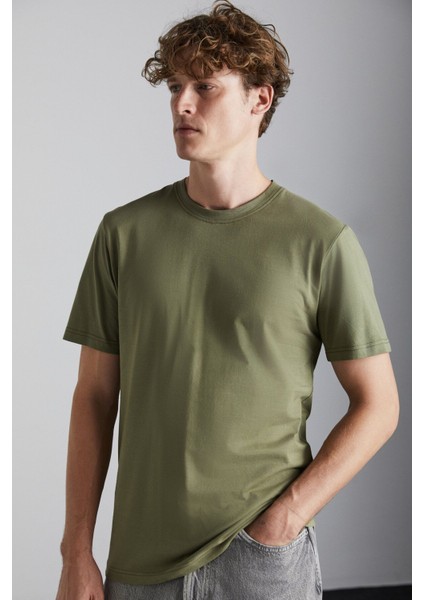 MICHEL Erkek Slim Fit Dar Kesim Organik Pamuklu Basic Örme Haki T-Shirt