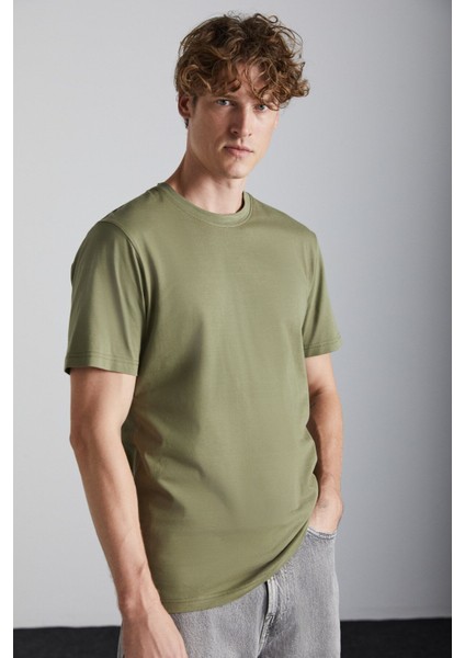 MICHEL Erkek Slim Fit Dar Kesim Organik Pamuklu Basic Örme Haki T-Shirt
