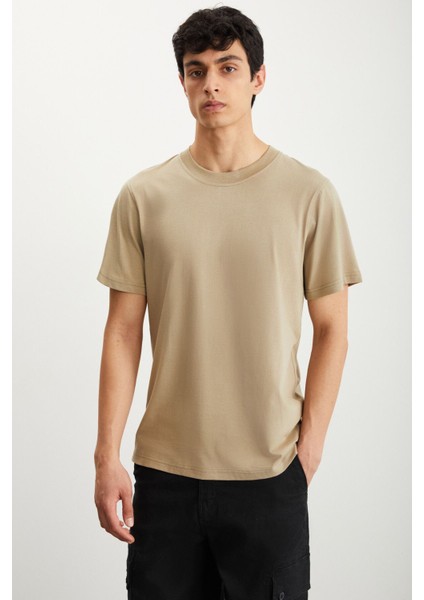 MICHEL Erkek Slim Fit Dar Kesim %100 Organik Pamuklu Basic Örme Vizon T-Shirt