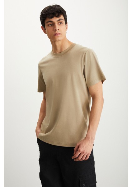 MICHEL Erkek Slim Fit Dar Kesim %100 Organik Pamuklu Basic Örme Vizon T-Shirt