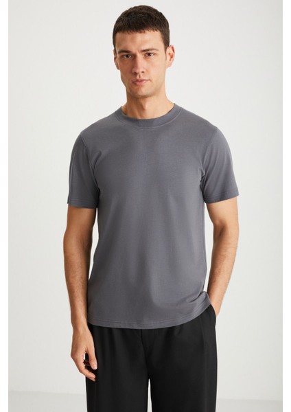 MICHEL Erkek Slim Fit Dar Kesim %100 Organik Pamuklu Basic Örme Koyu Gri T-Shirt