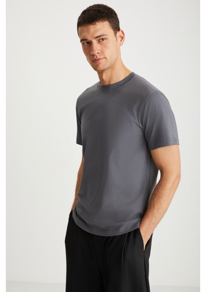 MICHEL Erkek Slim Fit Dar Kesim %100 Organik Pamuklu Basic Örme Koyu Gri T-Shirt