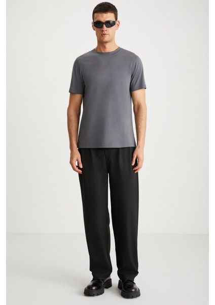 MICHEL Erkek Slim Fit Dar Kesim %100 Organik Pamuklu Basic Örme Koyu Gri T-Shirt
