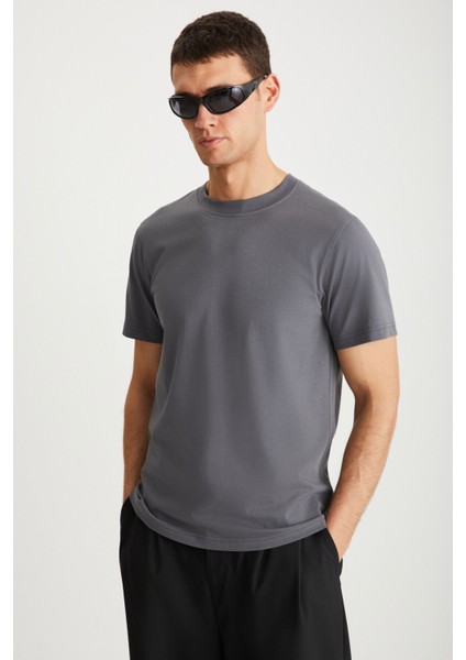 MICHEL Erkek Slim Fit Dar Kesim %100 Organik Pamuklu Basic Örme Koyu Gri T-Shirt