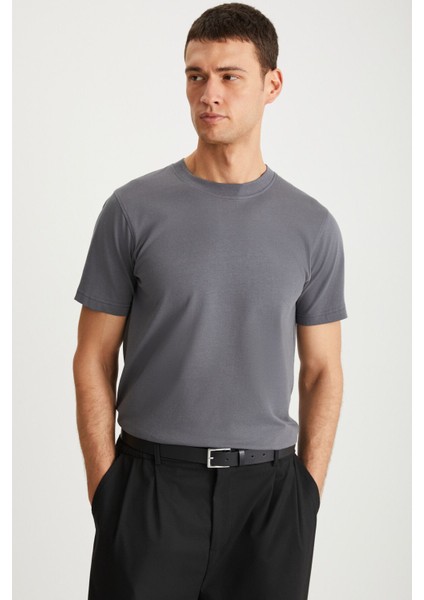 MICHEL Erkek Slim Fit Dar Kesim %100 Organik Pamuklu Basic Örme Koyu Gri T-Shirt