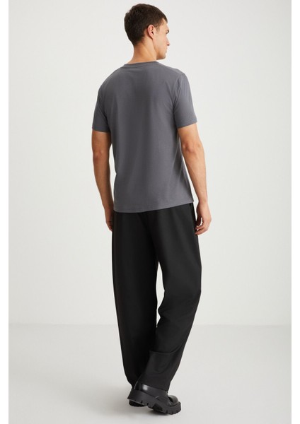 MICHEL Erkek Slim Fit Dar Kesim %100 Organik Pamuklu Basic Örme Koyu Gri T-Shirt