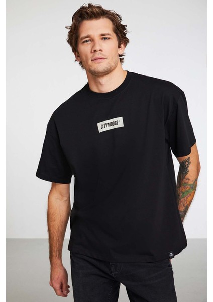 Inventıon Erkek %100 Organik Pamuklu Kalın Dokulu Baskı Detaylı Oversize Siyah T-shirt